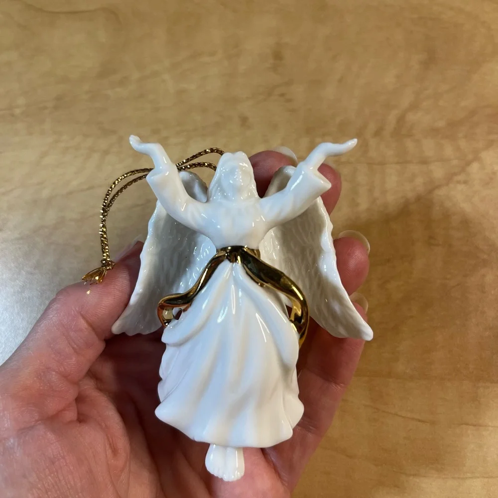 2 Ceramic White Gold Christmas Angel Ornaments